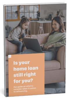 Showing woman and child reviewing home loan refinancing guide online.