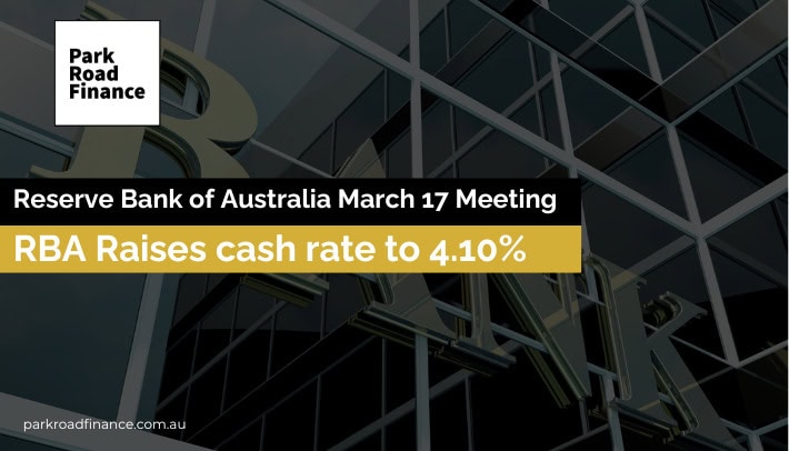 Showing Reserve Bank of Australia building with text announcing cash rate rise to 4.10 percent after March meeting update