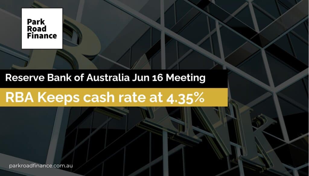 Showing Reserve Bank of Australia cash rate update graphic with 4.35% decision and finance branding on office facade.