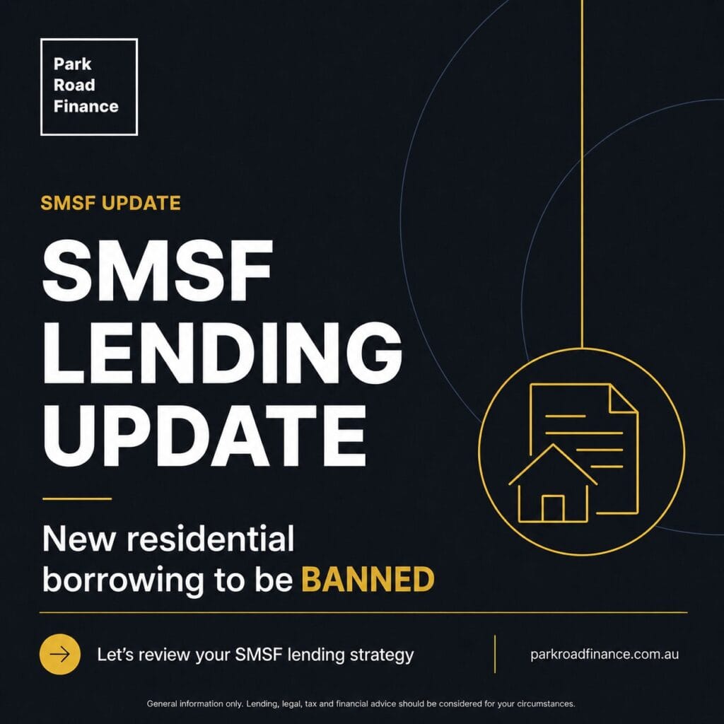 Showing SMSF lending update announcement highlighting proposed ban on new residential borrowing and strategy review.