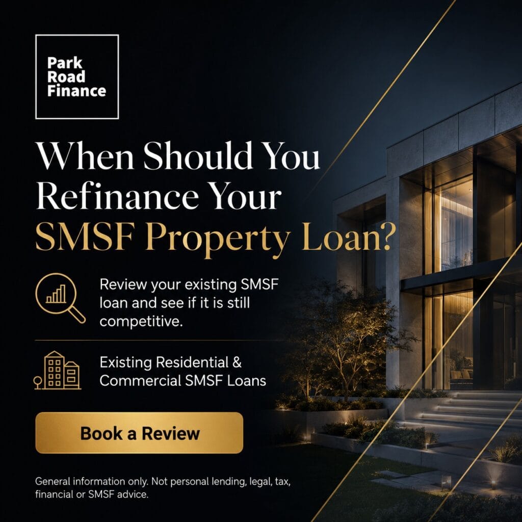 Showing information about reviewing an SMSF property loan for refinancing, with a modern residential property and call-to-action.
