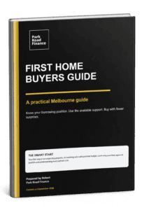 First Home Buyers Guide Showing first home buyers guide cover for Park Road Finance with black, white and yellow design.